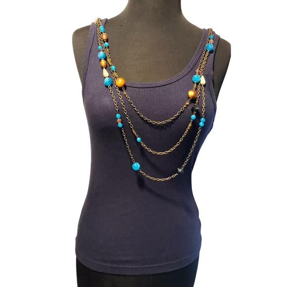 Cache Navy Stretch Cami Tee Top Removable Chain Bead Necklace Lot 2 New $88 NWT - Picture 3 of 9